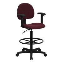 Flash Furniture Burgundy Fabric Ergonomic Drafting Stool with Arms (Adjustable Range 26’’-30.5’’H or 22.5’’-27’’H) BT-659-BY-ARMS-GG